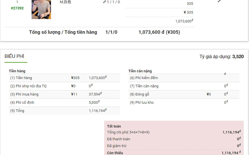Chi phí mua hàng Taobao ước tính